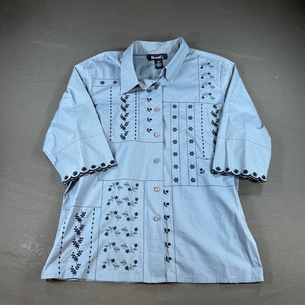 Denim & Co Womens Light Blue Navy Floral Embroidered Button Down Shirt Large